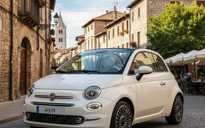 Red Fiat 500 Cabrio with open roof driving through a European city street on a sunny day